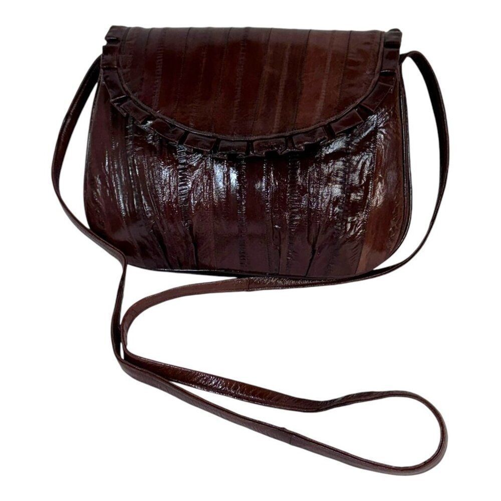 80s Eel Fish Leather Bag Brown Patent Hipster Rare Vintage Retro Fancy Purse View 3